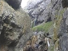 The multi-level waterfalls inside Gordale Scar, formed from the Gordale Beck, 3.2 miles into the ride
